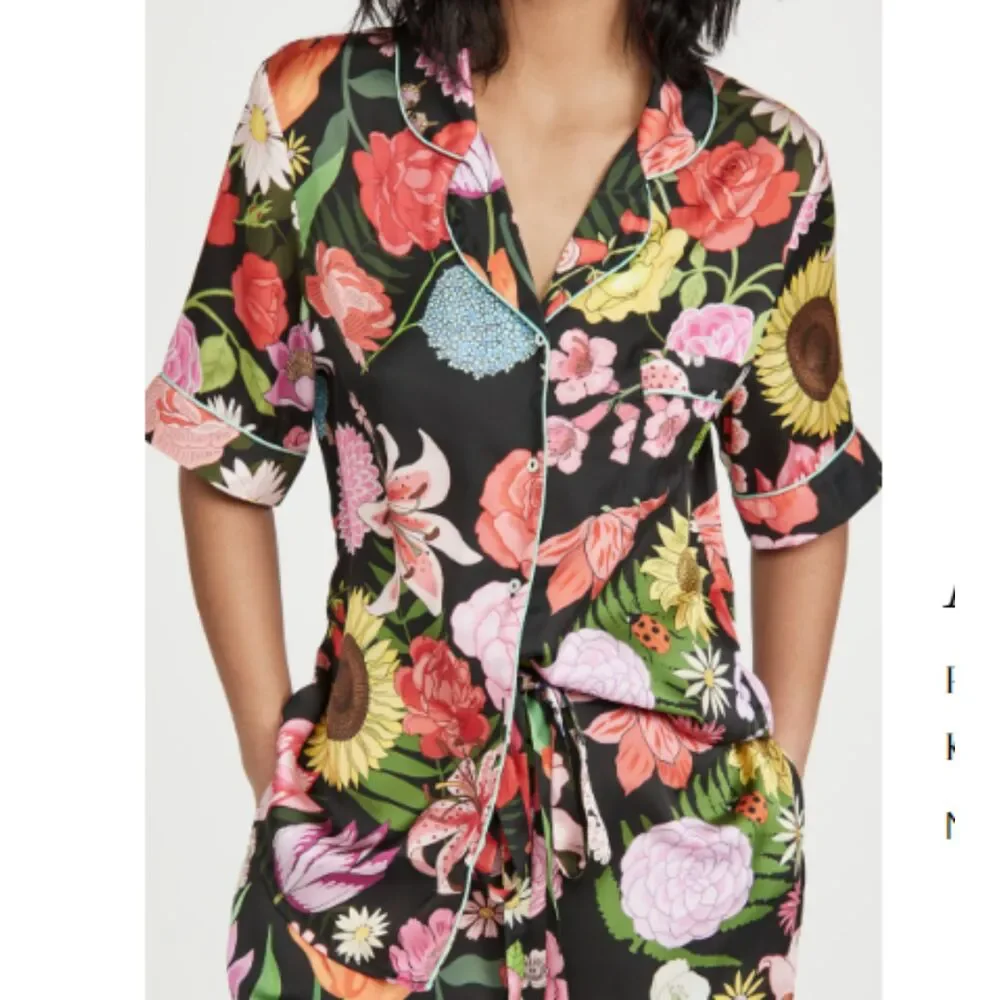 Karen Mabon Pajama Top Size M Black Floral Short Sleeve Button Up Artsy Trendy - Picture 3 of 8